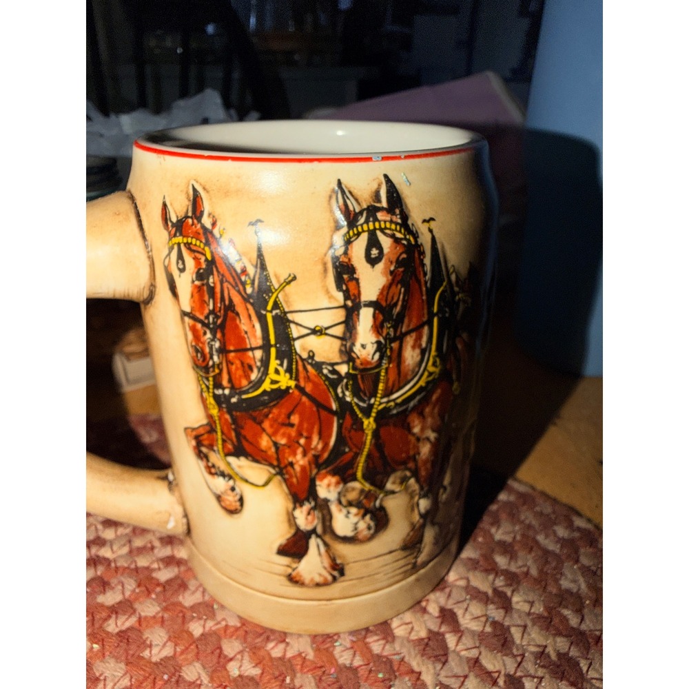 Budweiser Beer Stein Mug Ceramarte Brazil‎ Champion Clydesdales Tan Red
